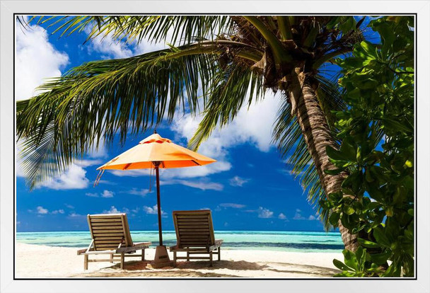 Wooden Chaise and Umbrella on Beautiful Beach Photo Photograph White Wood Framed Poster 20x14