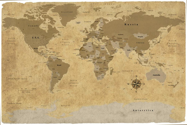 ProMaps Map of the World Antique Style 2020 Countries Antique Retro Style Olde World Artisitc Educational Worn Look Stretched Canvas Art Wall Decor 16x24