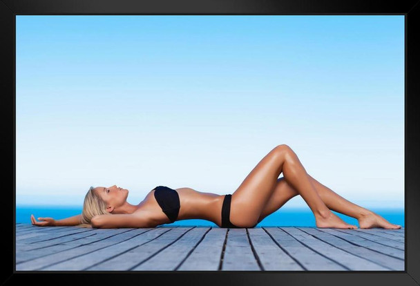 Sexy Blonde Woman Sunbathing on Wooden Pier Photo Photograph Art Print Stand or Hang Wood Frame Display Poster Print 13x9