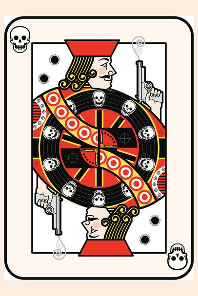 Laminated Jack of Bullets Playing Card With Handguns Retro Poker Cards Game Poster Dry Erase Wall Art 24x36