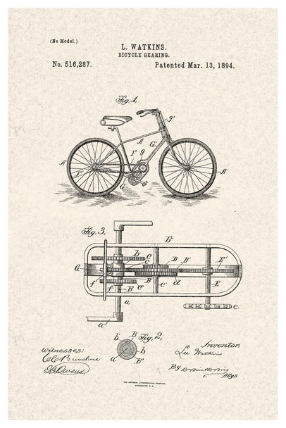 Bicycle Gearing Official Patent Diagram Stretched Canvas Wall Art 16x24 inch