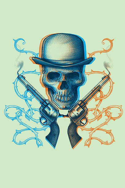 Six Shooting Skeleton Gunslinger Retro Print Stretched Canvas Wall Art 16x24 inch