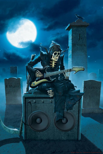 Tribute Skeleton Musician Playing Electric Guitar by Vincent Hie Print Stretched Canvas Wall Art 16x24 inch