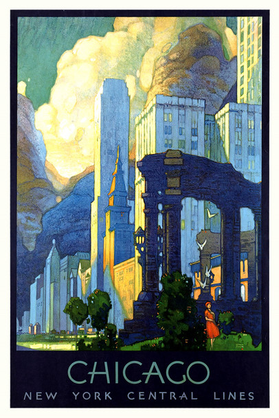Visit Chicago Illinois Historic City New York Central Lines Tourism Vintage Illustration Travel Cool Wall Art Print Poster 12x18