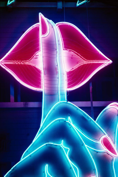 Ssshhhh Be Quiet Finger on Lips Neon Light Sign Photo Photograph Home Office Trippy Room Decor Bar UV Reactive Blacklight Black Light Stretched Canvas Art Wall Decor 16x24