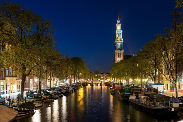 Westerkerk Church Tower At Canal Amsterdam Netherlands Photo Print Stretched Canvas Wall Art 24x16 inch