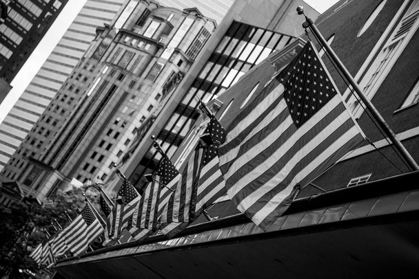 American Flags Displayed in a Line Black and White B&W Patriotic Photo Print Stretched Canvas Wall Art 24x16 inch