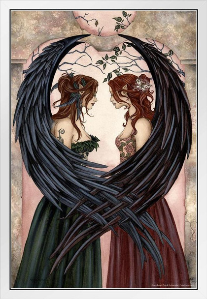 Sisters by Amy Brown Fairy Heart Wings Embrace Fantasy Poster Butterfly Elf Love Magical White Wood Framed Art Poster 14x20
