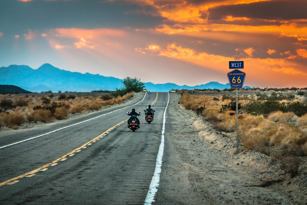 Biker Riding Motorcycle Sunset on Route 66 Photo Photograph Beach Palm Landscape Picture Ocean Scenic Tropical Nature Photography Paradise Highway Stretched Canvas Art Wall Decor 16x24