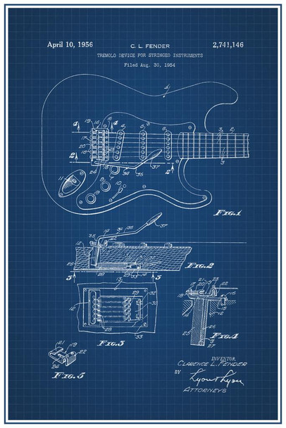 Electric Guitar 1956 Official Patent Office Blueprint Design Stringed Instrument Rock Roll Music Band Strings Frets Diagram Decoration Stretched Canvas Art Wall Decor 16x24