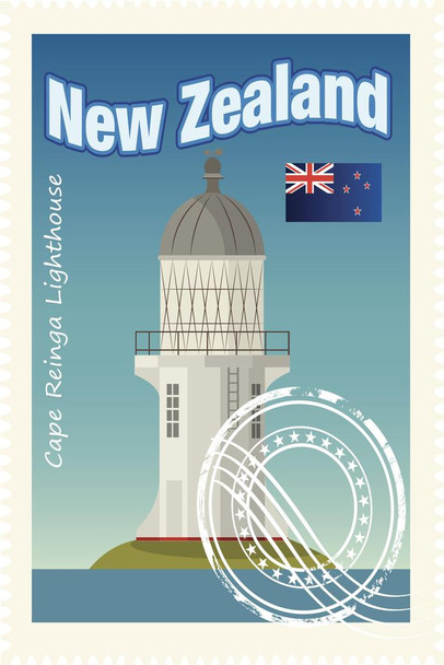 New Zealand Cape Reinga Lighthouse Travel Stamp Print Stretched Canvas Wall Art 16x24 inch