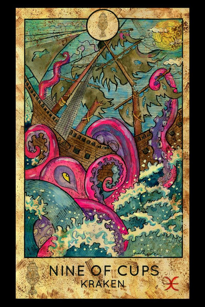 Kraken Nine of Cups Tarot Card Print Stretched Canvas Wall Art 16x24 inch