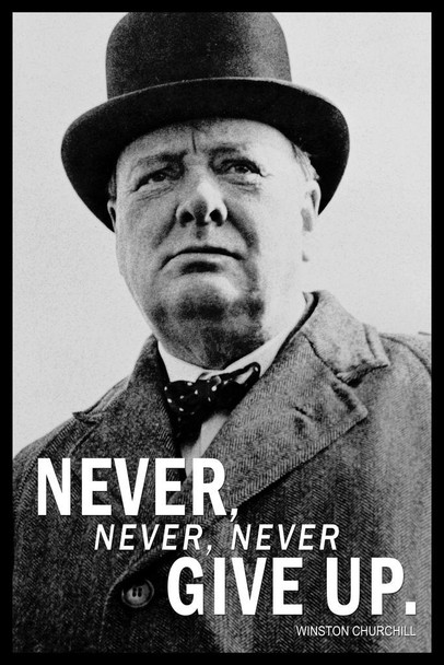 Winston Churchill Never Never Never Give Up Black White Face Portrait Photo Famous Motivational Inspirational Quote Teamwork Inspire Quotation Positivity Sign Stretched Canvas Art Wall Decor 16x24