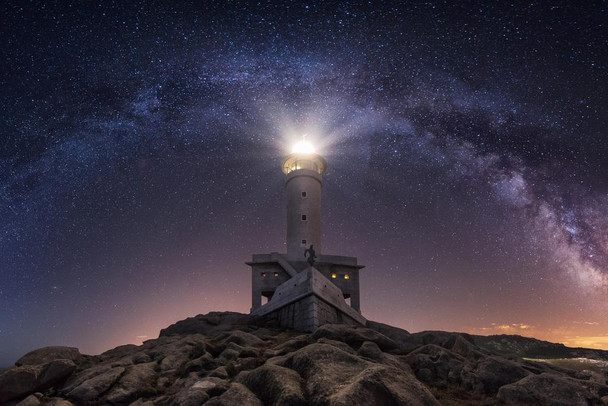 Milky Way Galaxy Illuminated Above a Lighthouse Photo Print Stretched Canvas Wall Art 24x16 inch