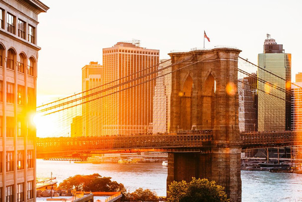 Sunset over Brooklyn Bridge New York City Photo Print Stretched Canvas Wall Art 24x16 inch