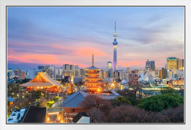 Tokyo Skytree Tokyo Japan City Skyline Illuminated At Sunset Photo Beach Palm Landscape Pictures Ocean Scenic Scenery Tropical Nature Photography Paradise White Wood Framed Art Poster 20x14