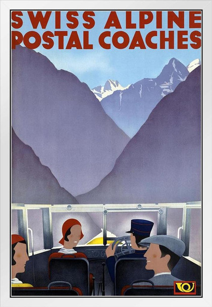 Swiss Alpine Postal Coaches Bus Driving Alps Mountains Switzerland Vintage Travel White Wood Framed Poster 14x20
