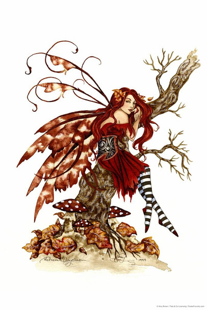 Autumn Daydream Fairy In Tree by Amy Brown Fantasy Poster Fall Leaves On Ground Nature Stretched Canvas Art Wall Decor 16x24