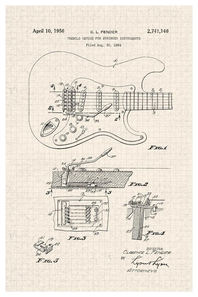 Famous Electric Guitar 1956 Official Patent Diagram Musical Stringed Instrument Tan Diagram Illustration Sketch Rock Roll Band Music Decoration Stretched Canvas Art Wall Decor 16x24