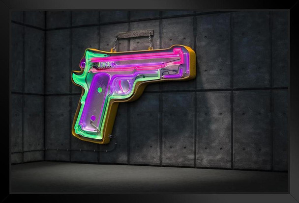 Neon Gun Sign On Concrete Wall Photo Photograph Art Print Stand or Hang Wood Frame Display Poster Print 13x9