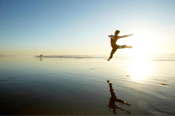 Woman Leaping Through the Air on the Beach Photo Print Stretched Canvas Wall Art 24x16 inch