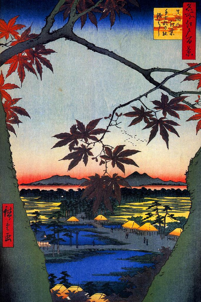 Maple Trees at Mama Tekona Shrine by Utagawa Hiroshige Poster 1857 Tsugi Bridge Woodblock Stretched Canvas Art Wall Decor 16x24