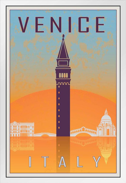 Venice Italy Retro Travel Art White Wood Framed Poster 14x20