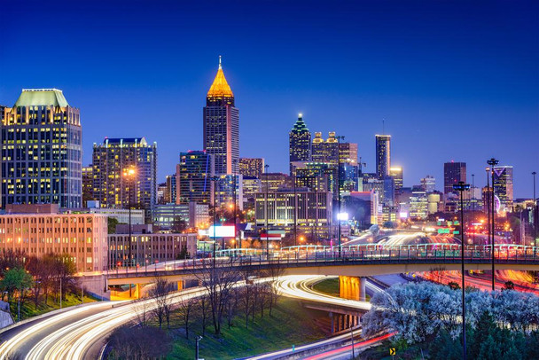 Atlanta Georgia Skyline Cityscape Illuminated At Night Landscape Photo Stretched Canvas Wall Art 24x16 inch