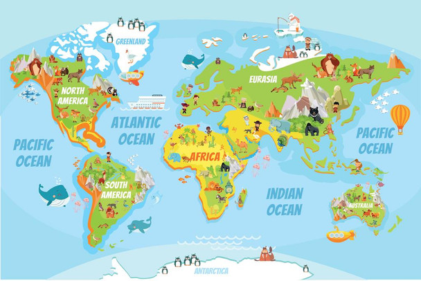 Educational Kids Global World Map Cartoon Animals Travel World Map with Cities in Detail Map Posters for Wall Map Art Geographical Illustration Tourist Stretched Canvas Art Wall Decor 24x16