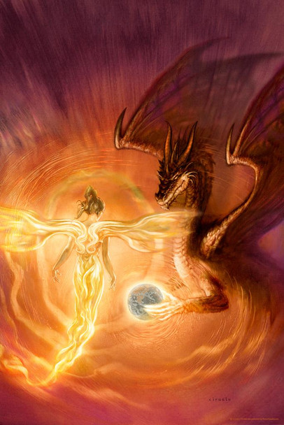 Angel Flying Over Ring of Fire With Dragon by Ciruelo Fantasy Painting Gustavo Cabral Stretched Canvas Art Wall Decor 16x24