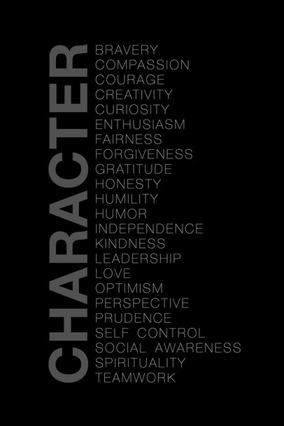 Character Bravery Compassion Courage Creativity Curiosity Black Gray Motivational Inspirational Stretched Canvas Wall Art 16x24 inch