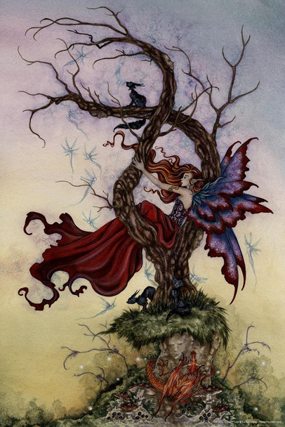 What Dreams May Come Fairy In Tree by Amy Brown Fantasy Poster Red Dragon Black Cat Magical Stretched Canvas Art Wall Decor 16x24