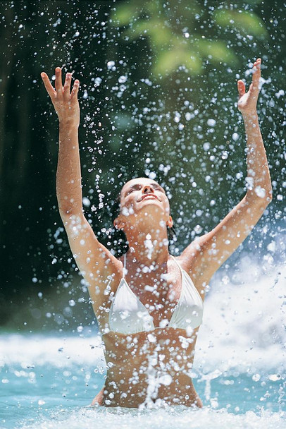 Beautiful Young Woman Bikini Splashing in a Pool Photo Print Stretched Canvas Wall Art 16x24 inch