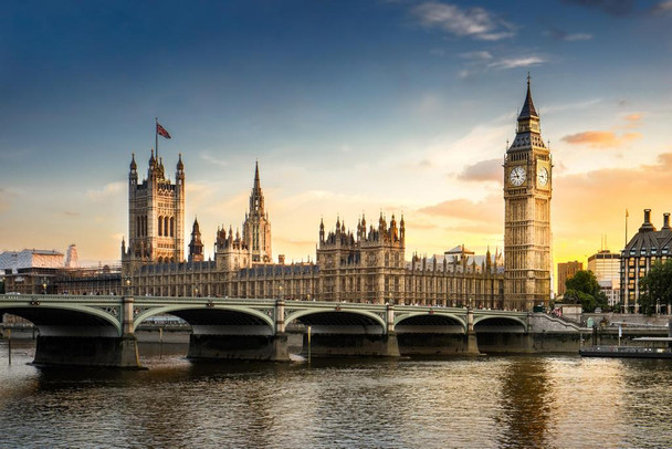 Golden Big Ben House of Parliament Thames River Photo Print Stretched Canvas Wall Art 24x16 inch