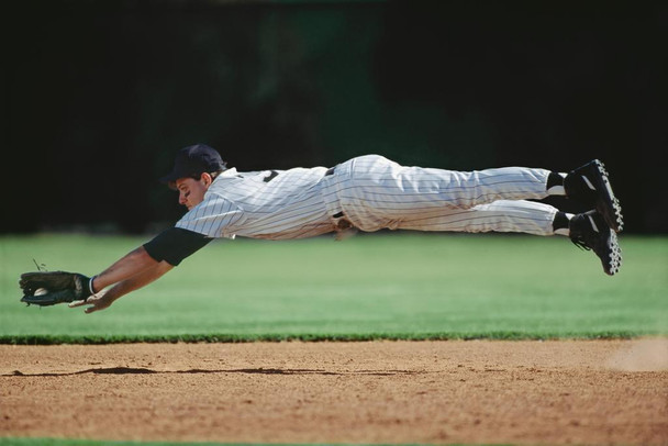 Baseball Player in Mid Air Catching Ball Photo Print Stretched Canvas Wall Art 24x16 inch