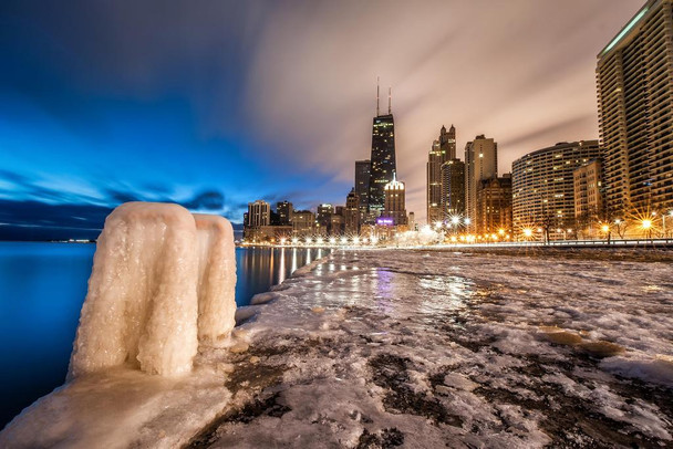 Lake Michigan Frozen Chicago Illinois Skyline Photo Print Stretched Canvas Wall Art 24x16 inch