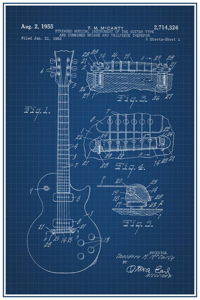 Electric Guitar 1955 Official Patent Office Blueprint Diagram 6 String Guitar Stringed Instrument Music Musician Rock Roll Band Stretched Canvas Art Wall Decor 16x24