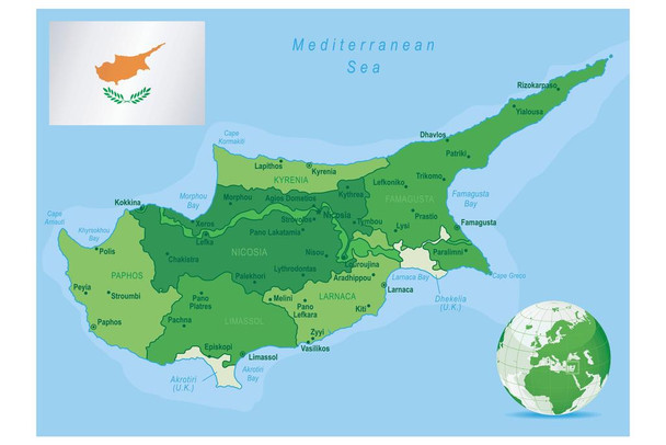 Map Of Cyprus States Cities Flag Mediterranean Sea Chart Map Posters for Wall Map Art Wall Decor Geographical Illustration Tourist Travel Destinations Stretched Canvas Art Wall Decor 24x16