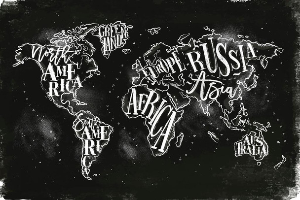 World Map Countries Word Chalk Board Travel World Map with Names in Detail Map Posters for Wall Map Art Wall Decor Geographical Illustration Travel Destinations Stretched Canvas Art Wall Decor 16x24