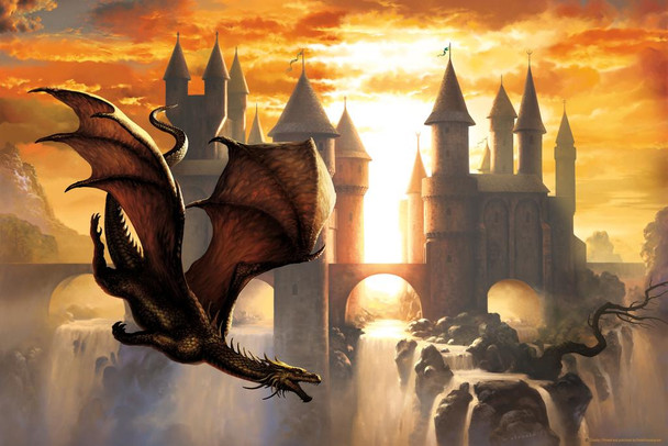 Sunset Over Castle Flying Dragon by Ciruelo Artist Painting Fantasy Stretched Canvas Art Wall Decor 16x24