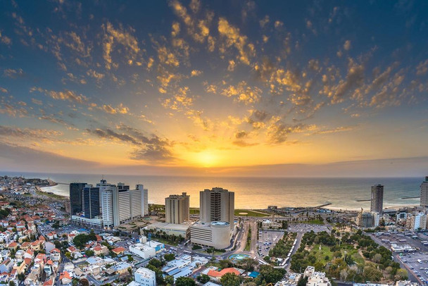 Sunset over Tel Aviv Beach Israel Photo Print Stretched Canvas Wall Art 24x16 inch