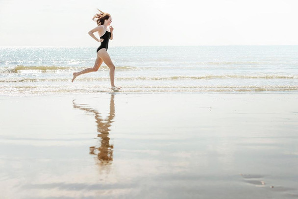 Woman Jogging on the Beach Inspirational Photo Print Stretched Canvas Wall Art 24x16 inch