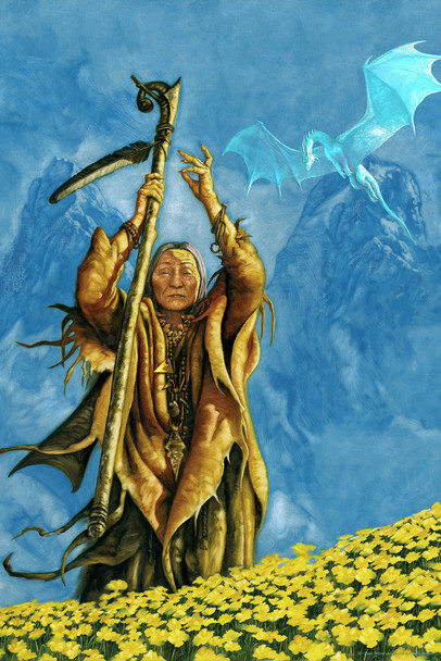 Elixana Native Feather Staff Warrior Dragon by Ciruelo Fantasy Painting Gustavo Cabral Cool Wall Art Print Poster 12x18