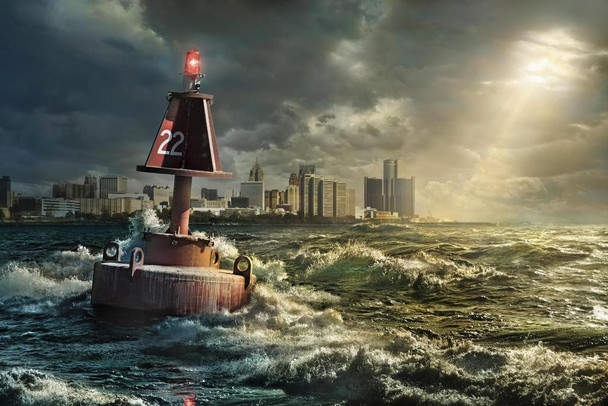 Buoy in Rocky Waves Detroit Michigan Skyline Photo Print Stretched Canvas Wall Art 24x16 inch
