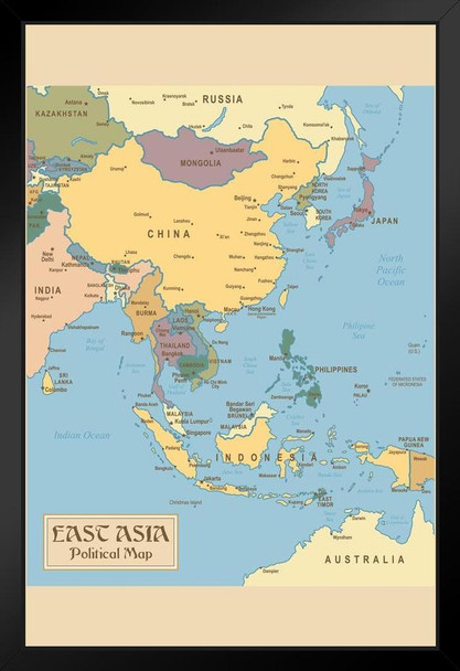 Vintage Map of East Asia Travel World Map with Cities in Detail Map Posters for Wall Map Art Wall Decor Geographical Illustration Tourist Travel Destinations Stand or Hang Wood Frame Display 9x13