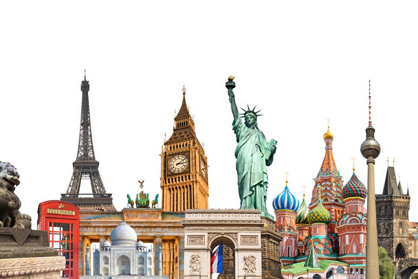 World Landmarks Photo Collage Eiffel Tower Statue Of Liberty Travel Tourism Stretched Canvas Art Wall Decor 24x16