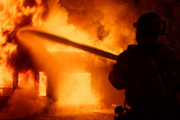 Firefighter Directing Water Onto A Nighttime House Fire Photo Print Stretched Canvas Wall Art 24x16 inch