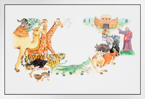 Depiction of Animals Entering Noahs Ark Two by Two White Wood Framed Poster 20x14