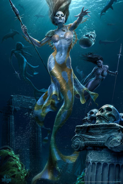 Mermaids Hunt Tom Wood Fantasy Art Stretched Canvas Wall Art 16x24 inch