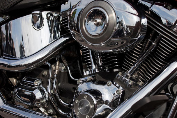 Chrome Clad Motorcycle Engine Close Up Photo Print Stretched Canvas Wall Art 24x16 inch